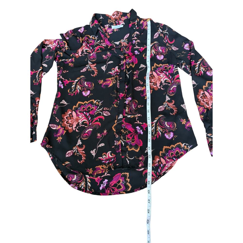 Liz Claiborne Women's Black & Pink Paisley Floral Long Sleeve Blouse, Size XS - Picture 9 of 12
